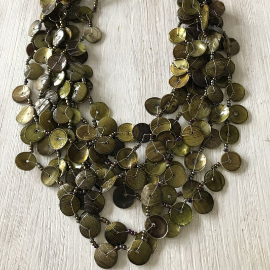 Statement Necklace. Multi Stranded Moss Green Shell Type Button Look Beads Boho