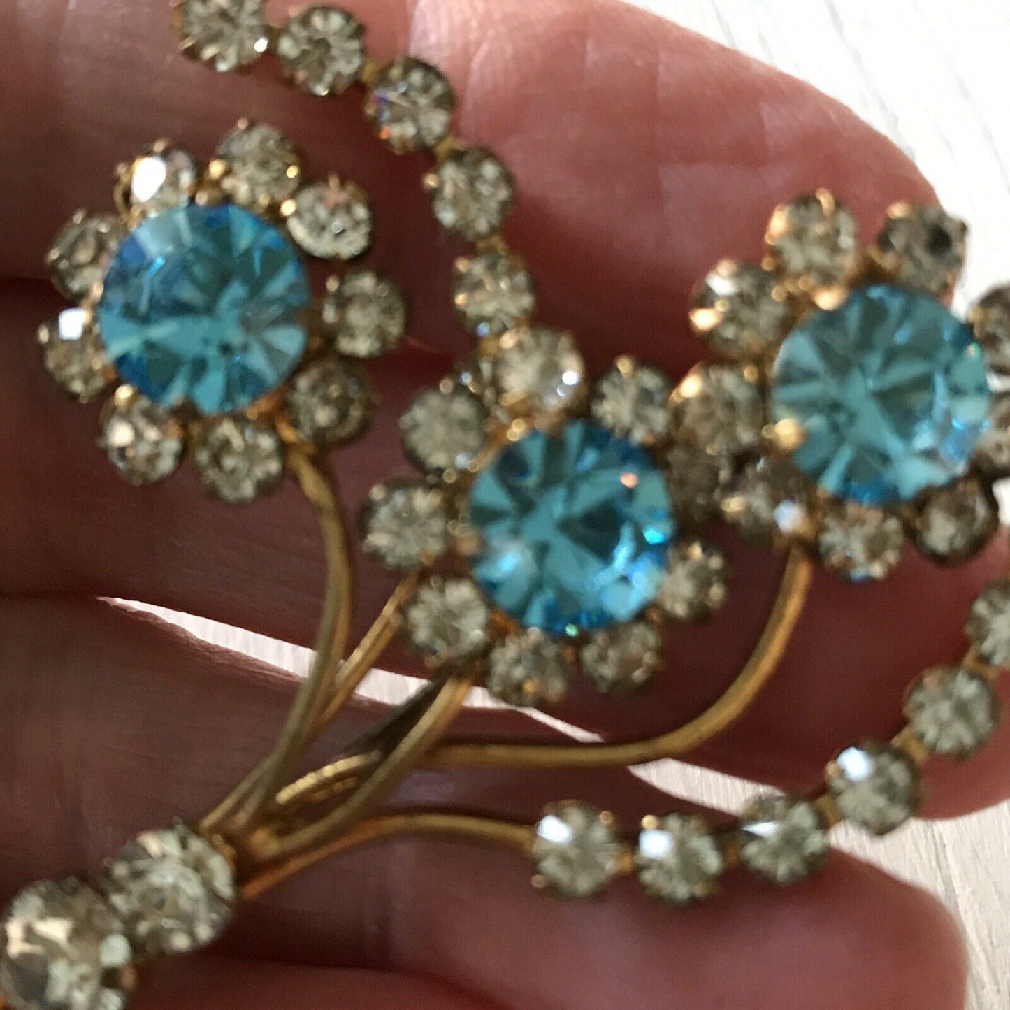 Vintage 1950s? Gold Tone Floral Spray Brooch Sky Blue & Clear Rhinestones S