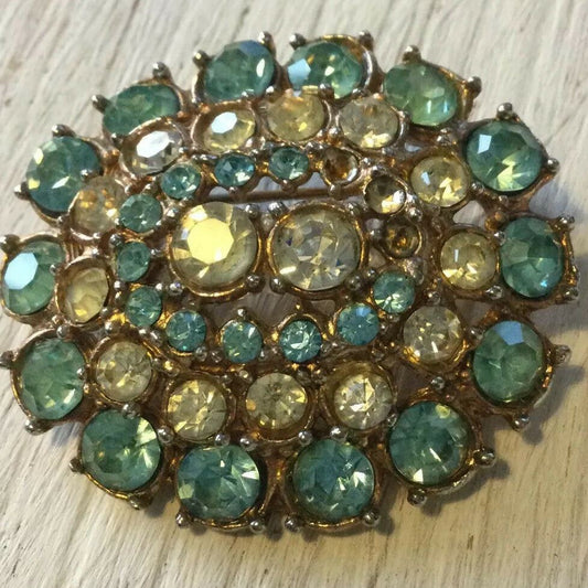 Vintage Jewellery Brooch Large Oval Gold Tone With Sky Blue & Clear Sparkly Ston