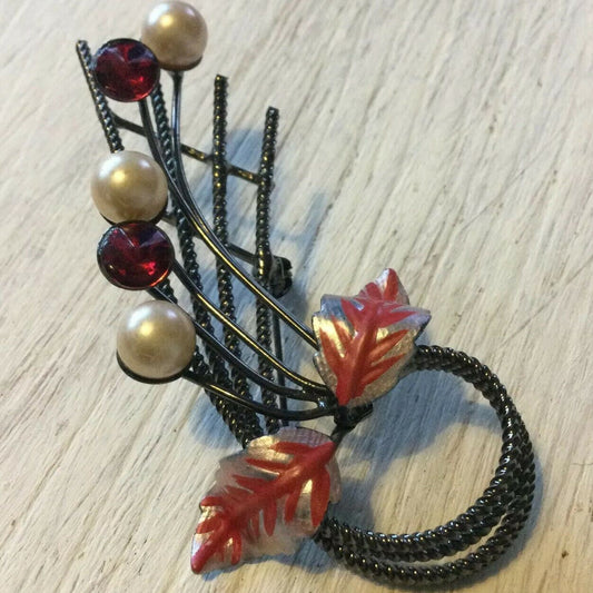 Unusual Spray Brooch Swirl Simulated Pearl Red Stones Leaf Design. Gun Metal