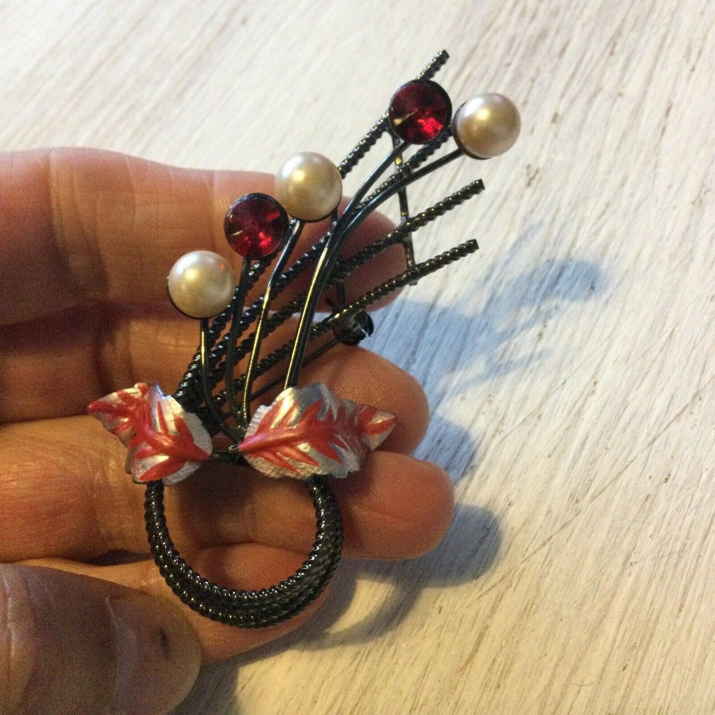 Unusual Spray Brooch Swirl Simulated Pearl Red Stones Leaf Design. Gun Metal