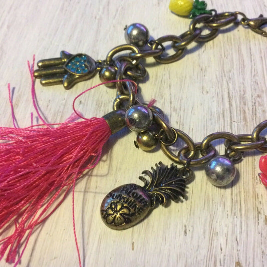 Bright Colourful Charm Bracelet - Fun Festival Vibes Multicoloured Tassel Pineapple Palm - Preworn