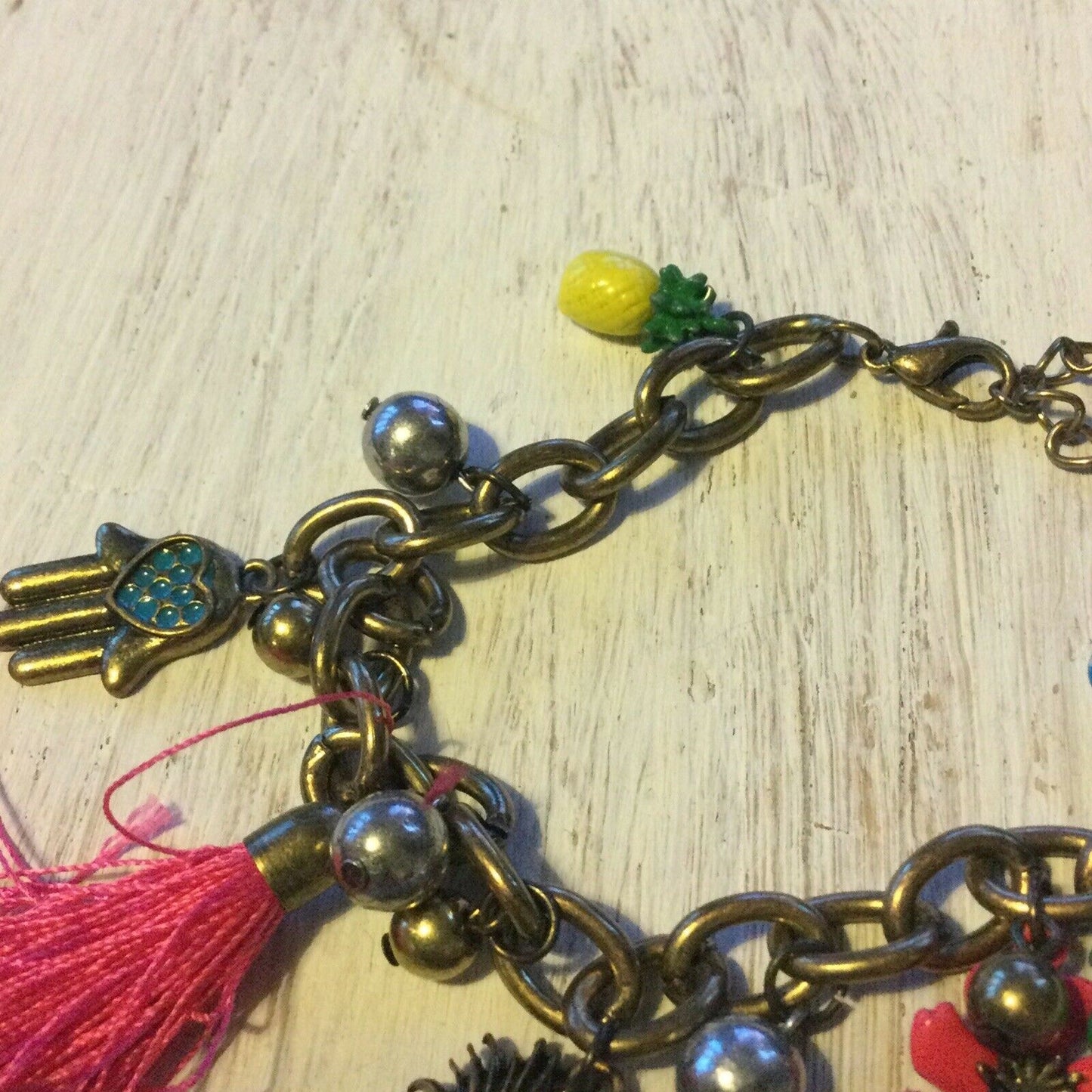 Bright Colourful Charm Bracelet - Fun Festival Vibes Multicoloured Tassel Pineapple Palm - Preworn