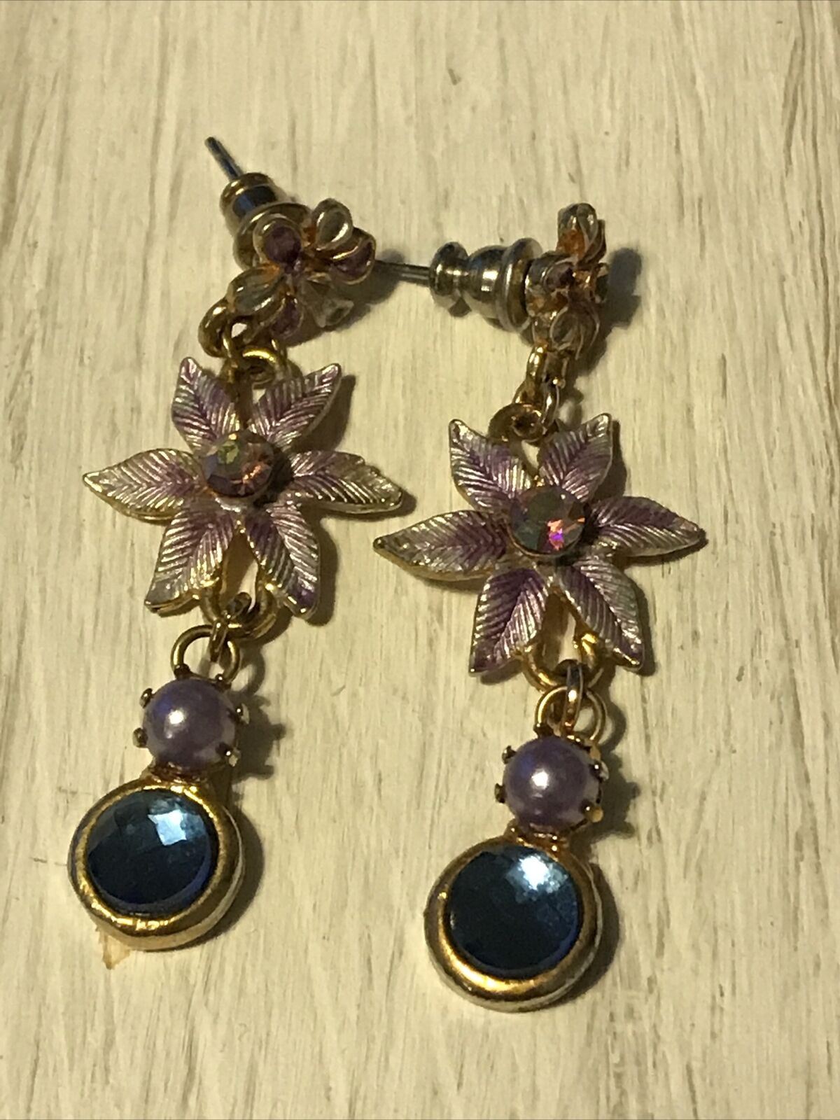 Pretty Drop Earrings Pink Flower With Blue Sparkly Stone. Pierced. Dressy / Party / Evening Wear