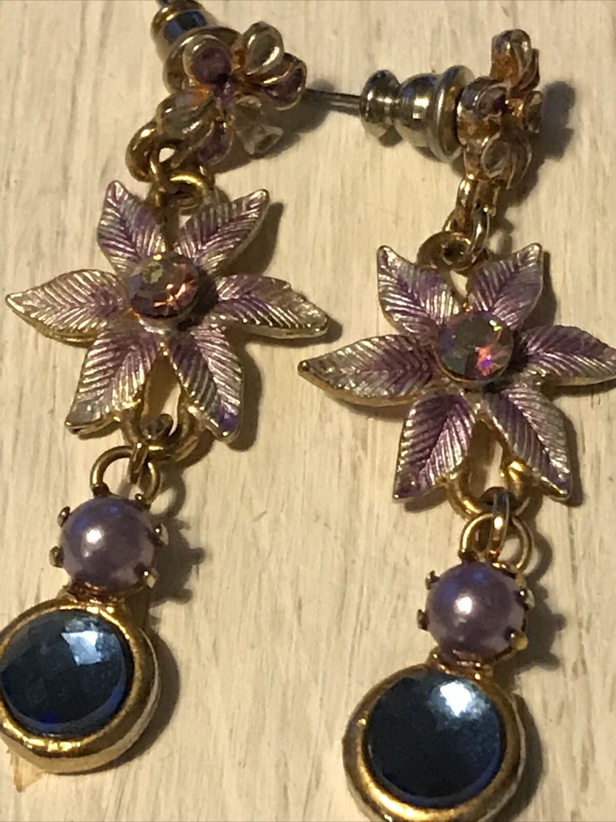 Pretty Drop Earrings Pink Flower With Blue Sparkly Stone. Pierced. Dressy / Party / Evening Wear