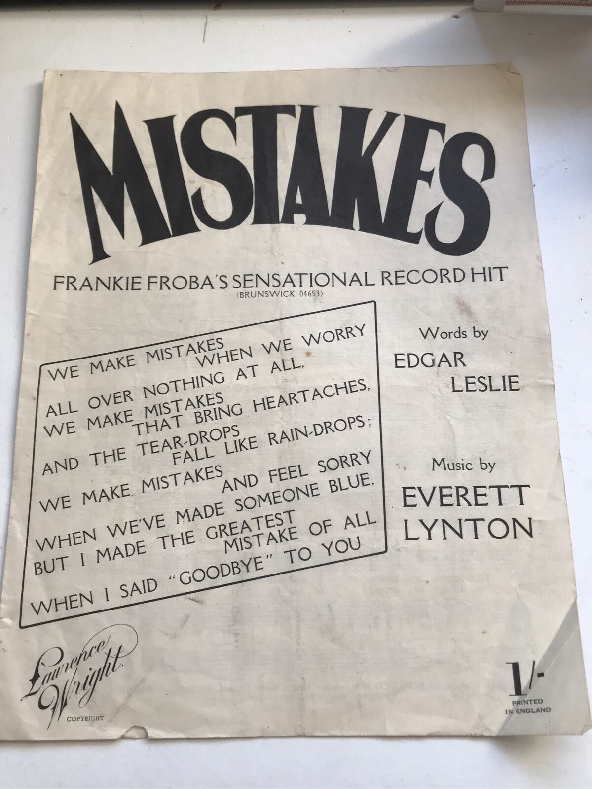 Vintage Sheet Music - 'Mistakes' Frankie Froba Edgar Leslie Everett Lynton 1928 1951