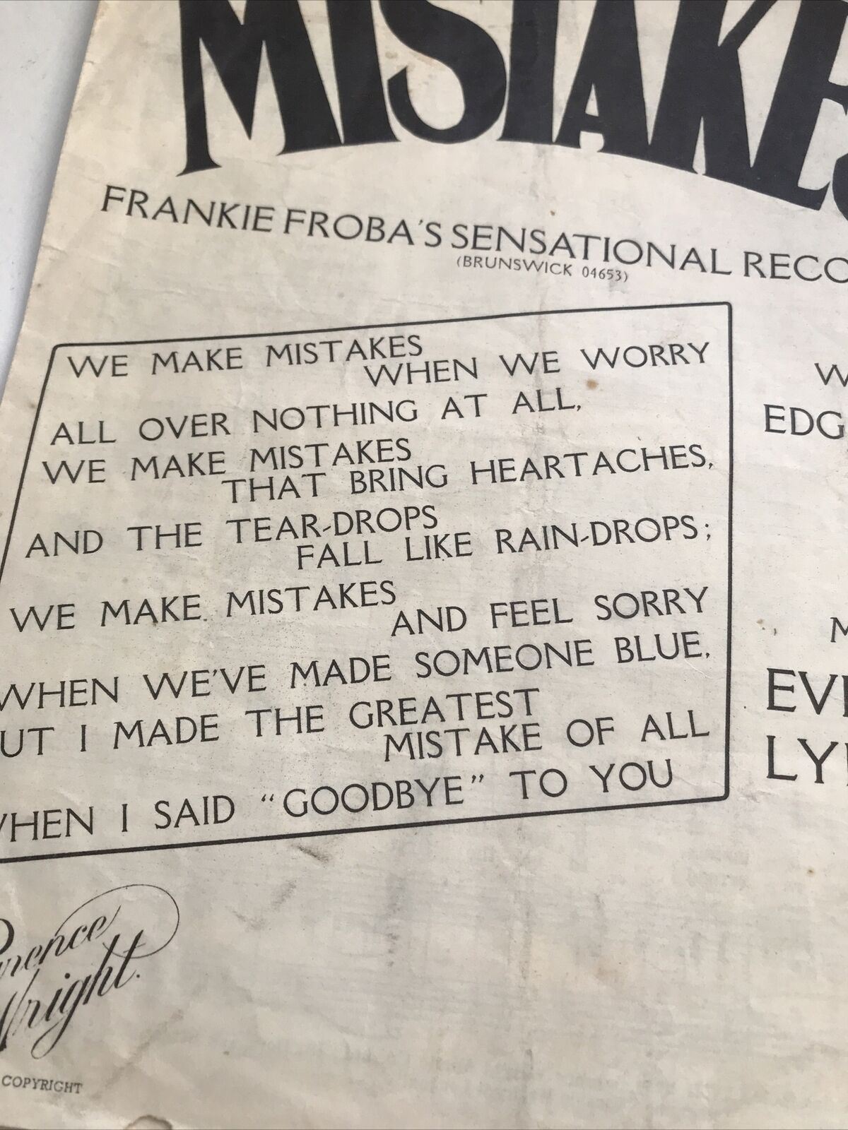 Vintage Sheet Music - 'Mistakes' Frankie Froba Edgar Leslie Everett Lynton 1928 1951