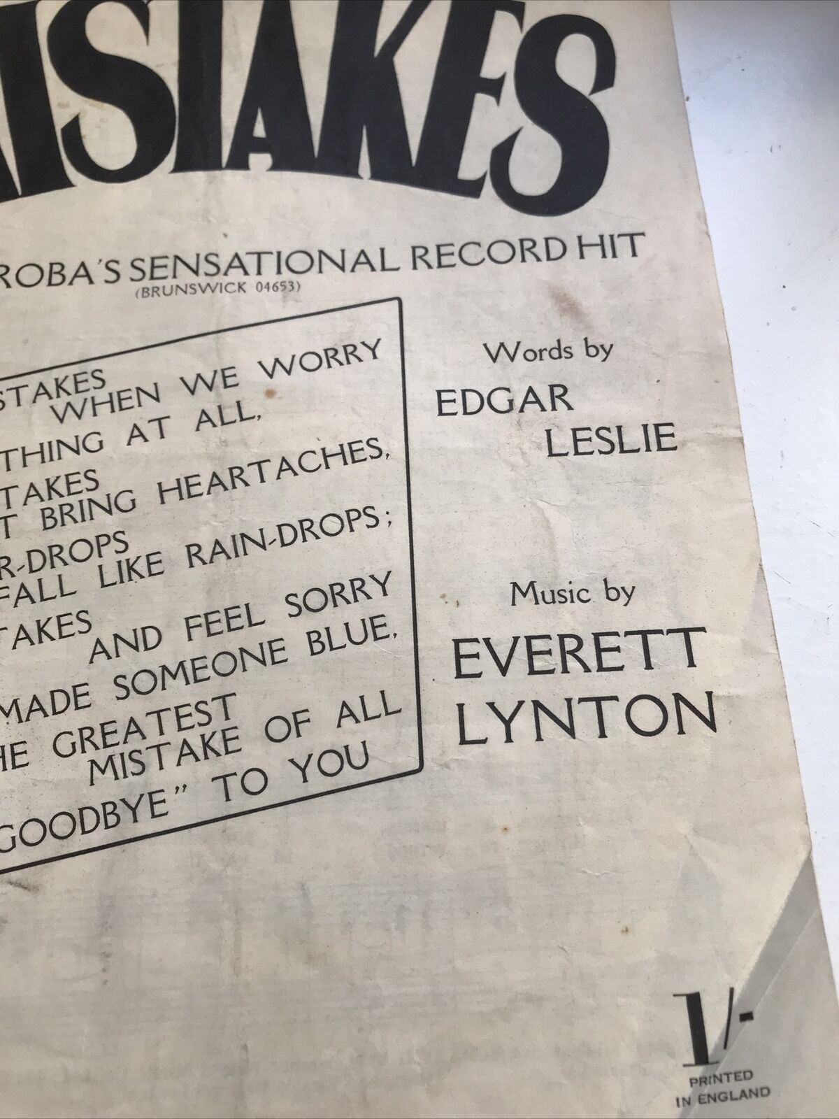Vintage Sheet Music - 'Mistakes' Frankie Froba Edgar Leslie Everett Lynton 1928 1951