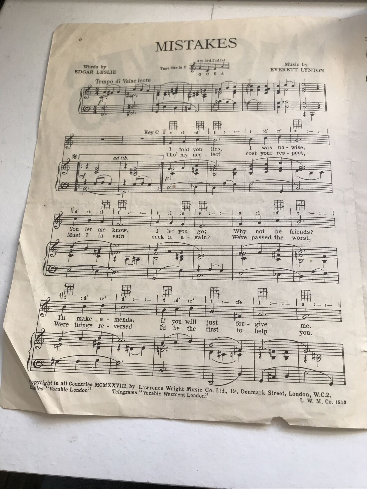 Vintage Sheet Music - 'Mistakes' Frankie Froba Edgar Leslie Everett Lynton 1928 1951