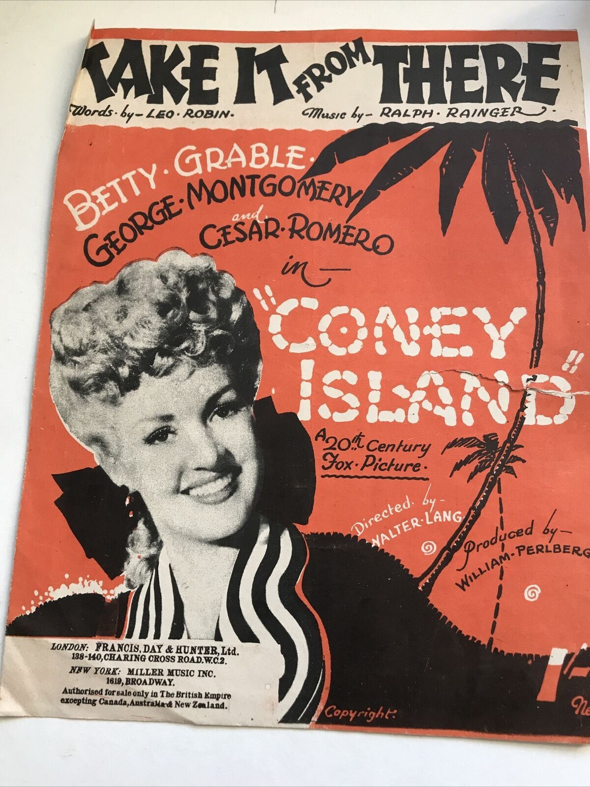 Vintage Sheet Music Betty Grable Memorabilia Coney Island Take It From There