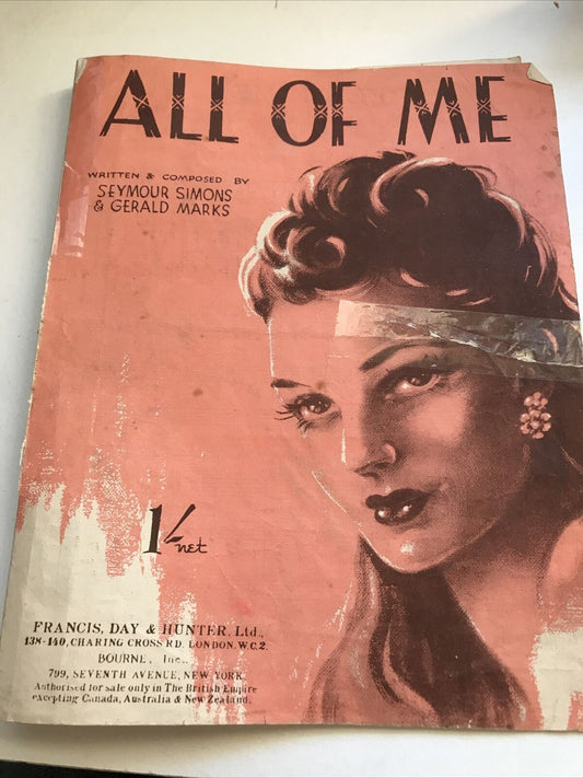 Vintage Sheet Music All Of Me Seymour Simons Gerald Marks 1931 SELLOTAPED