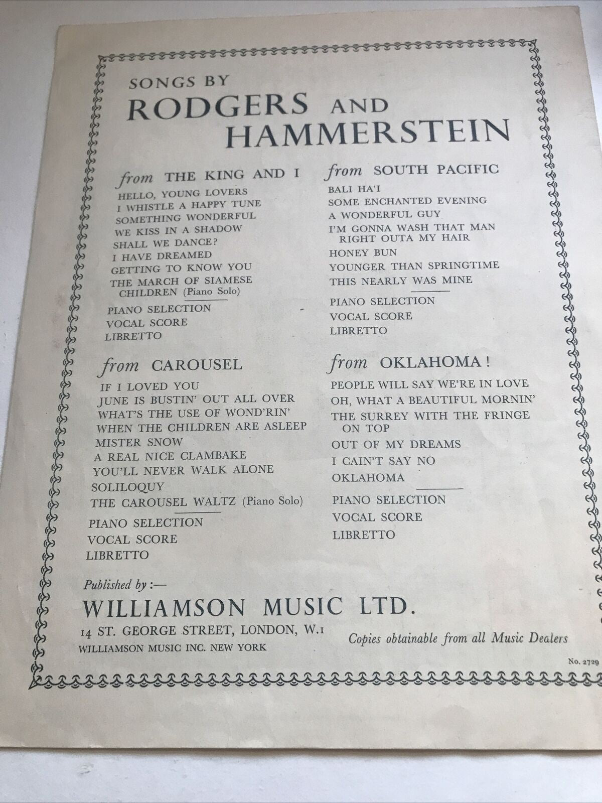 Vintage Sheet Music Piano Selection From Oklahoma! Rodgers Hammerstein 1947