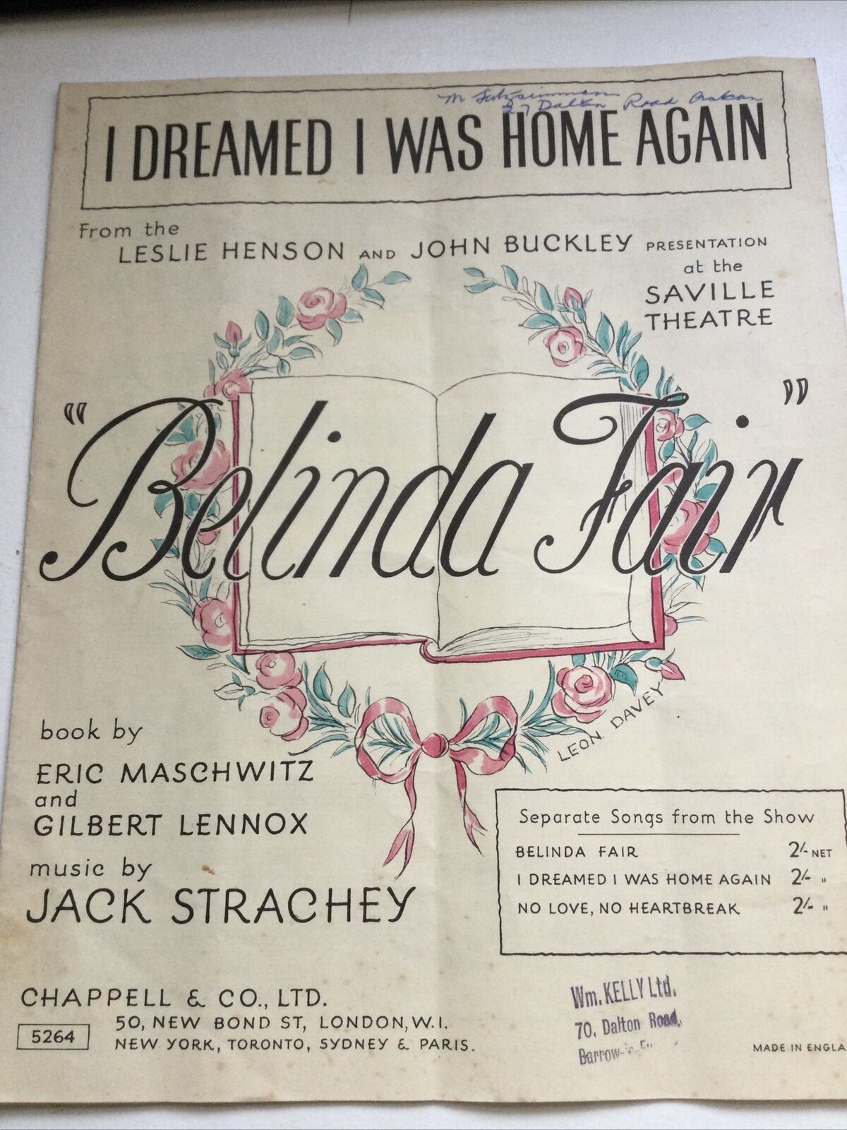 Vintage Sheet Music ‘I Dreamed I Was Home Again’ From Belinda Fair. Saville Thea