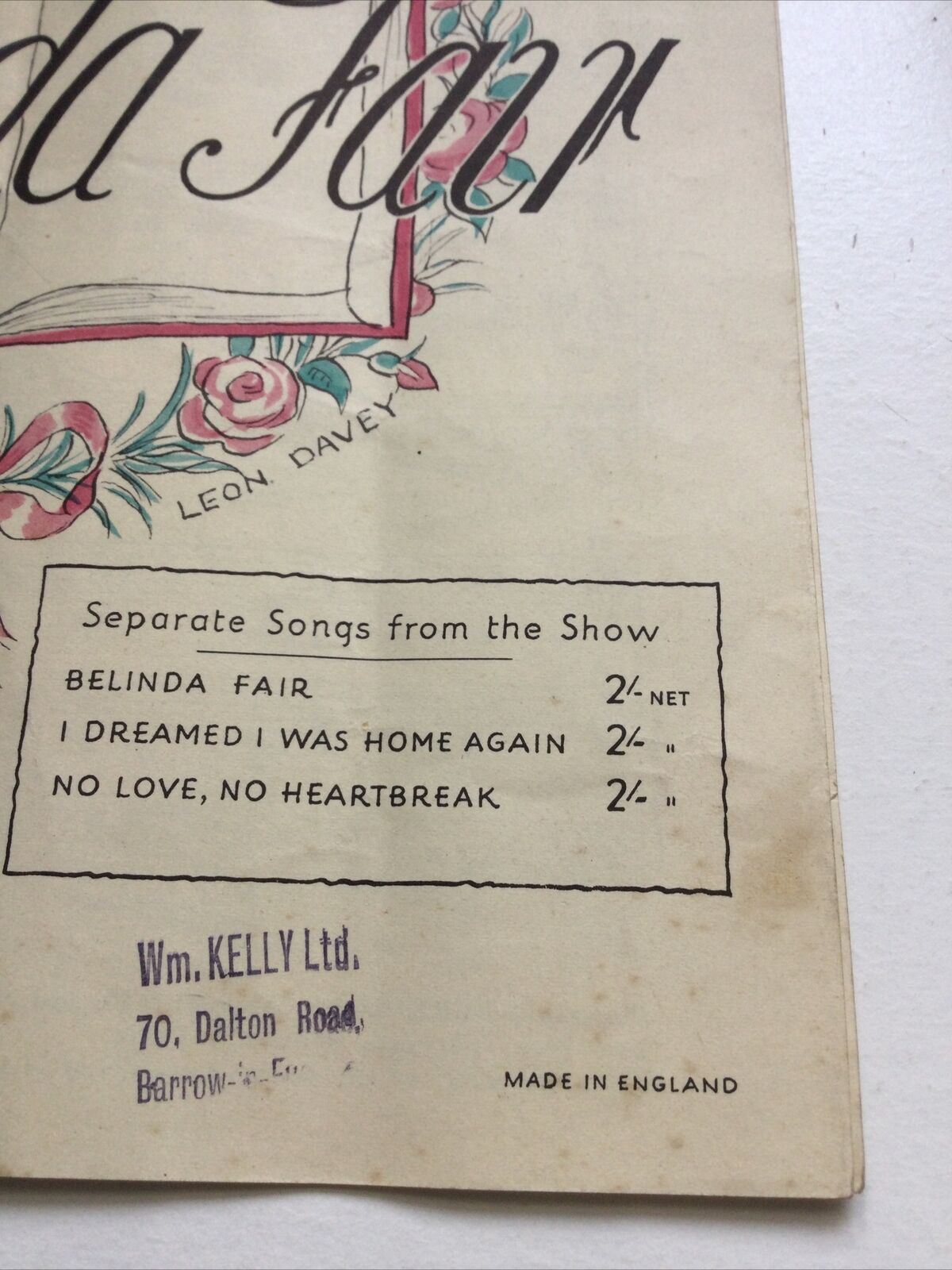 Vintage Sheet Music ‘I Dreamed I Was Home Again’ From Belinda Fair. Saville Thea