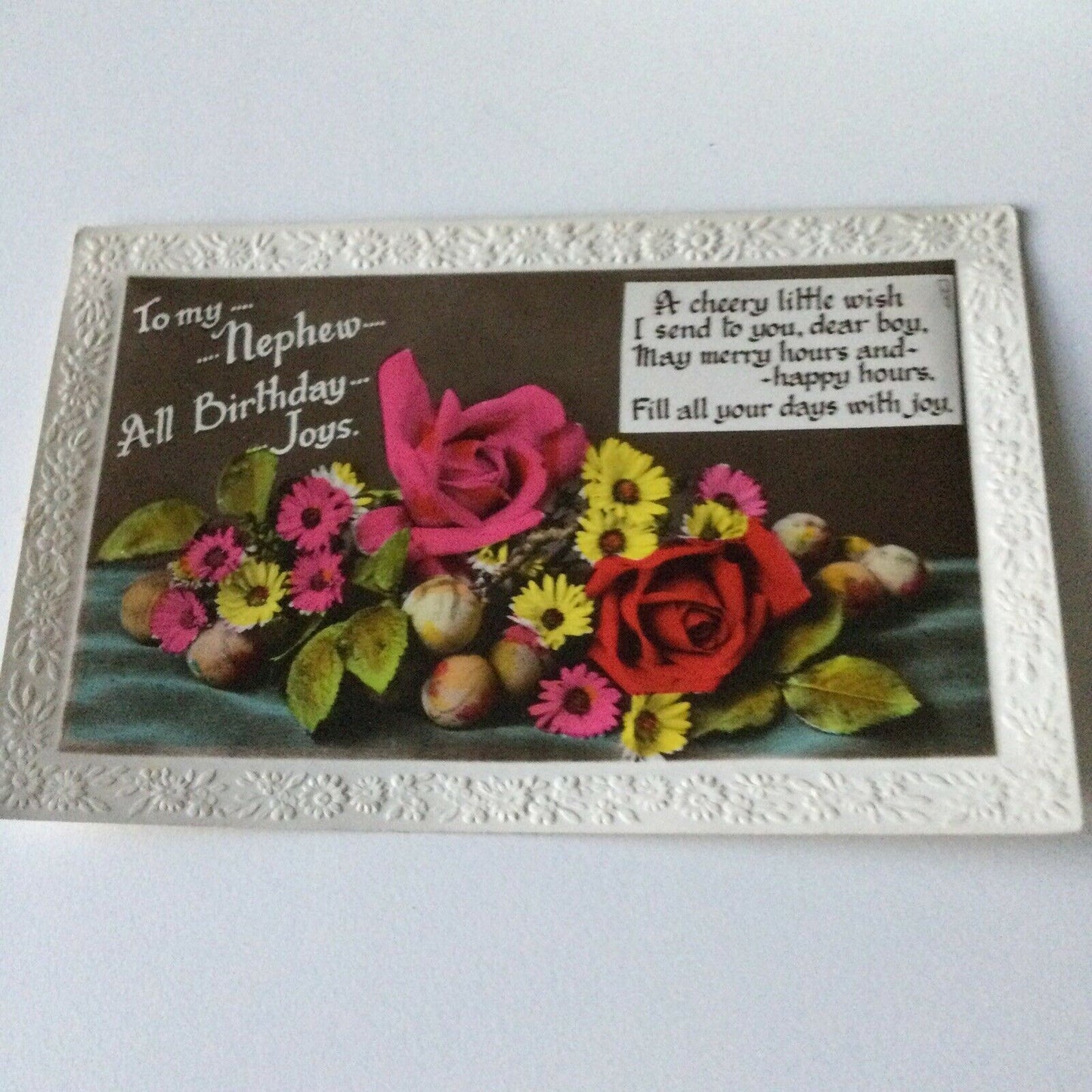 Vintage Greetings Postcard Real Photo Happy Birthday Nephew Nice Poem Flowers