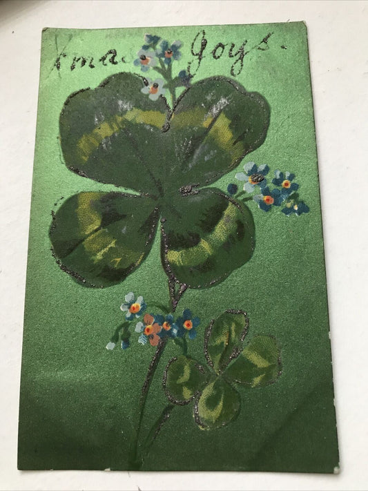 Antique Postcard 1906 Xmas Joys 4 Leaf Clovers Forget-me-nots Glittery Green