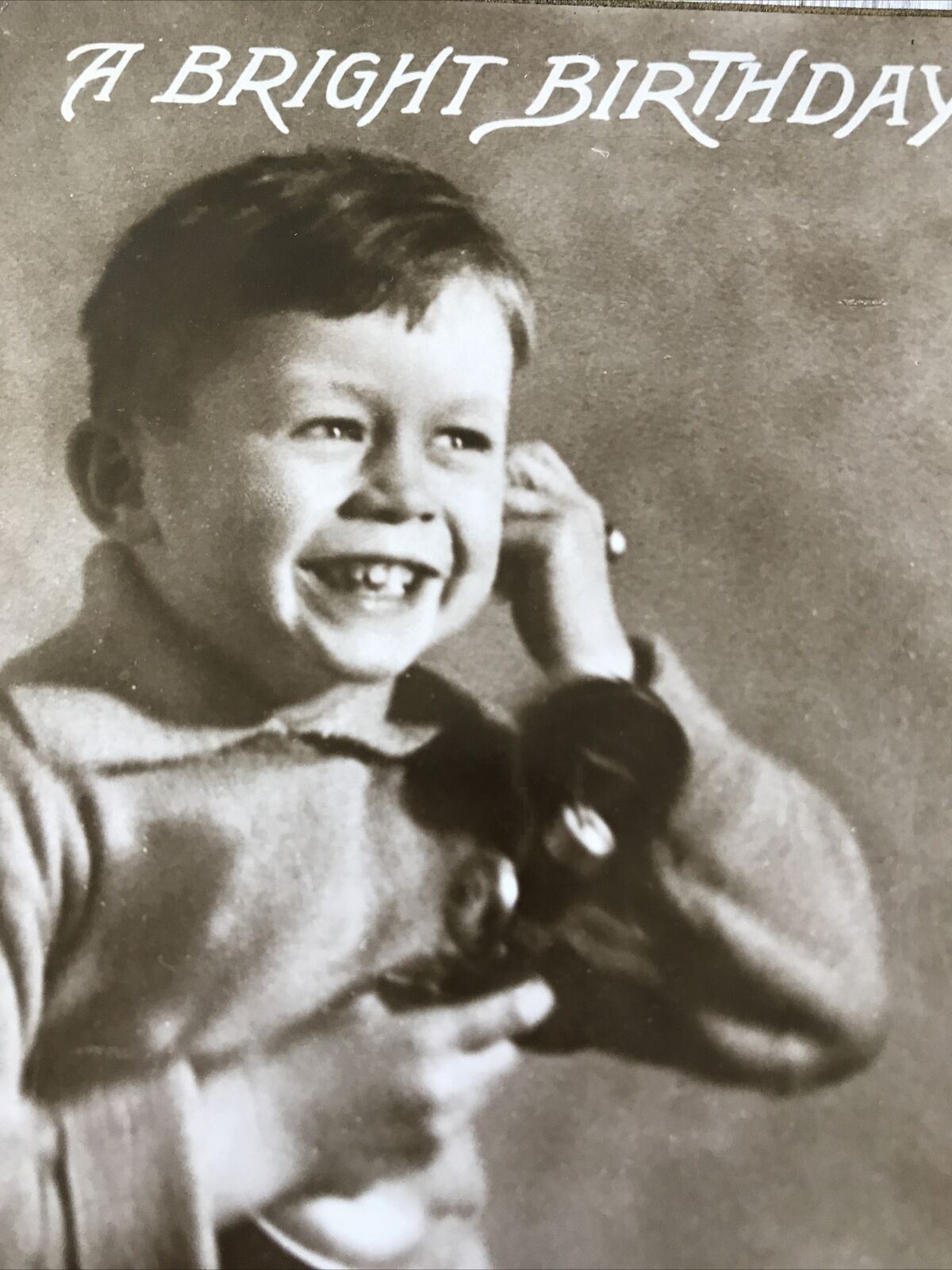 Vintage Birthday Greetings Postcard Little Boy On Phone Sepia Nice Poem Photo