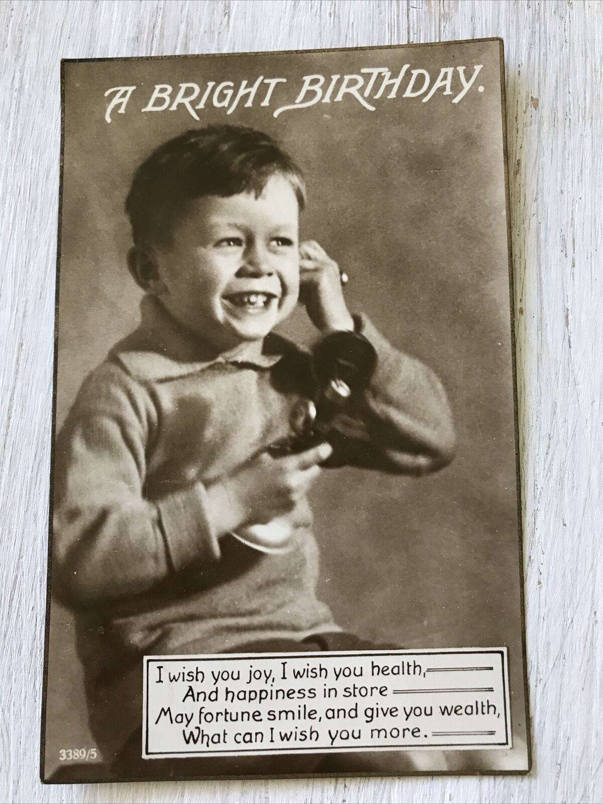 Vintage Birthday Greetings Postcard Little Boy On Phone Sepia Nice Poem Photo