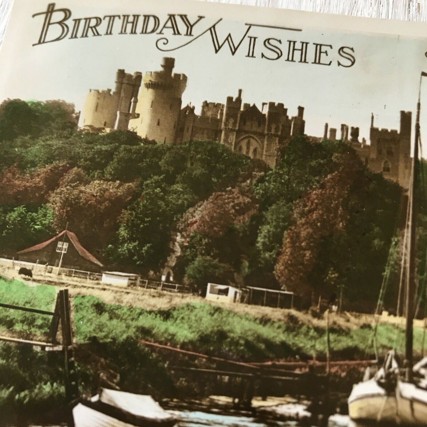 Vintage Antique Birthday Greetings Postcard  Birthday Wishes Photo Castle Boats