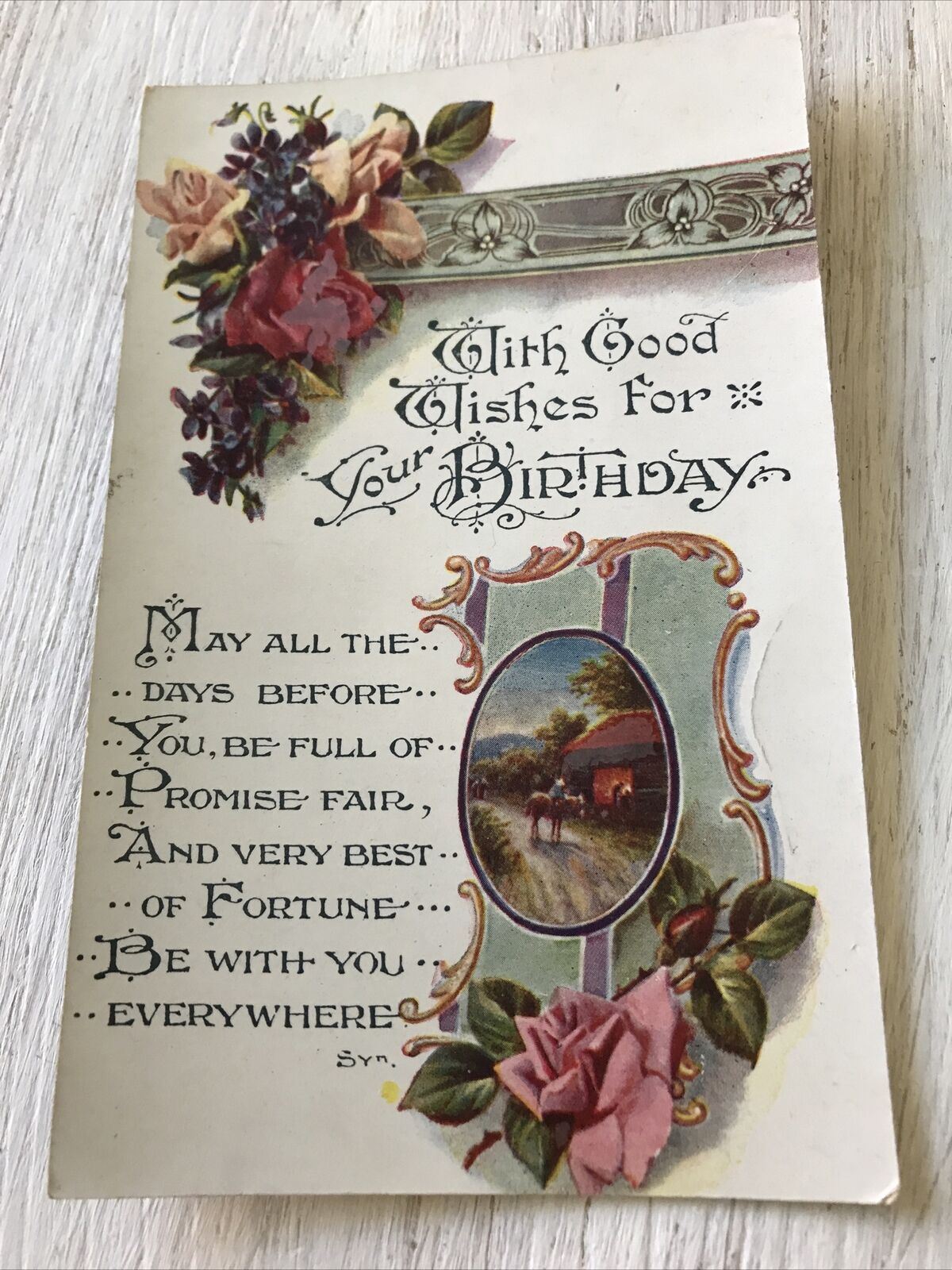 Vintage Antique Birthday Greetings Postcard Poem Roses Flowers Country Scene