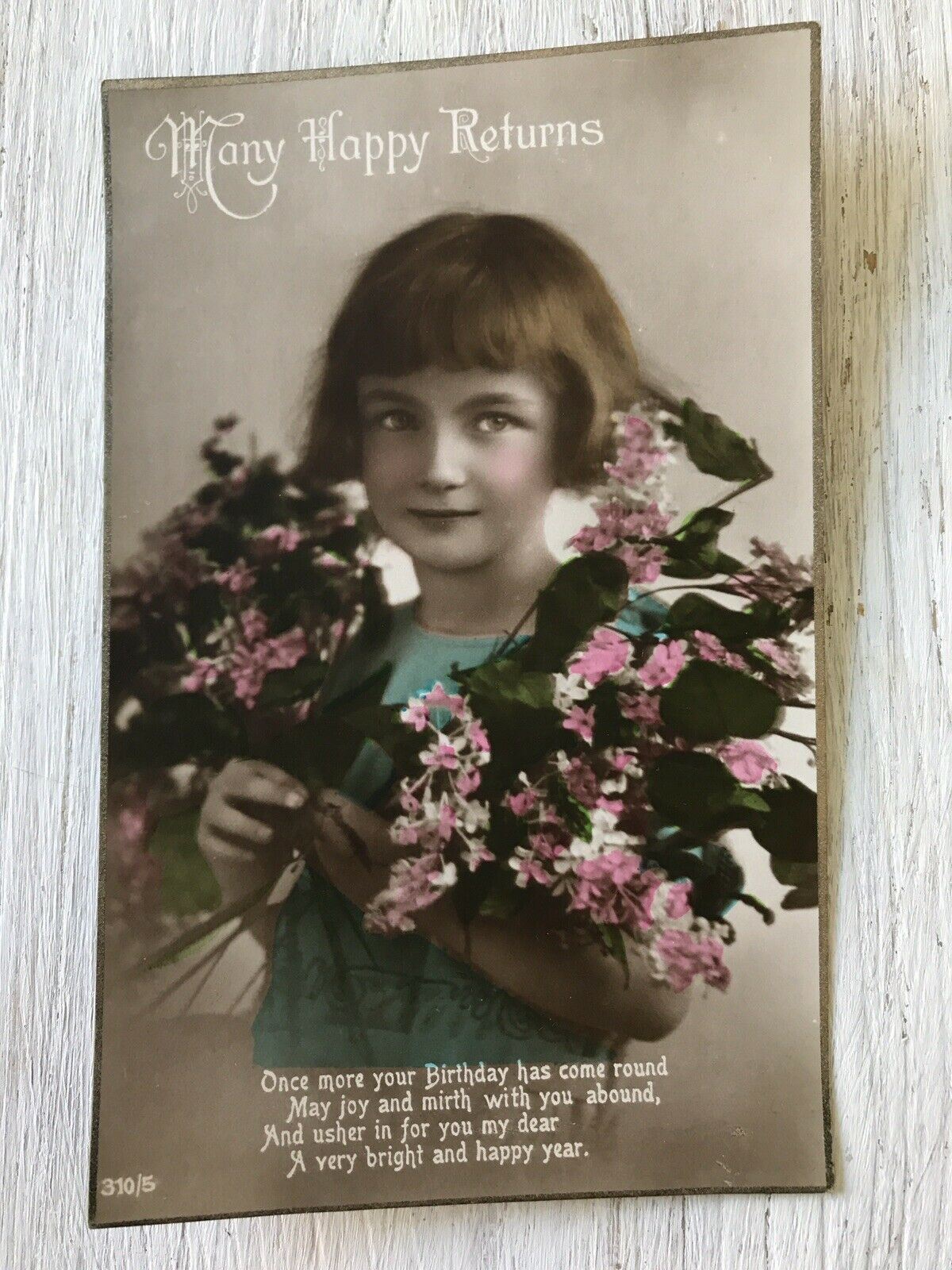 Vintage Birthday Greetings Postcard Card Girl With Flowers Poem Tinted Picture