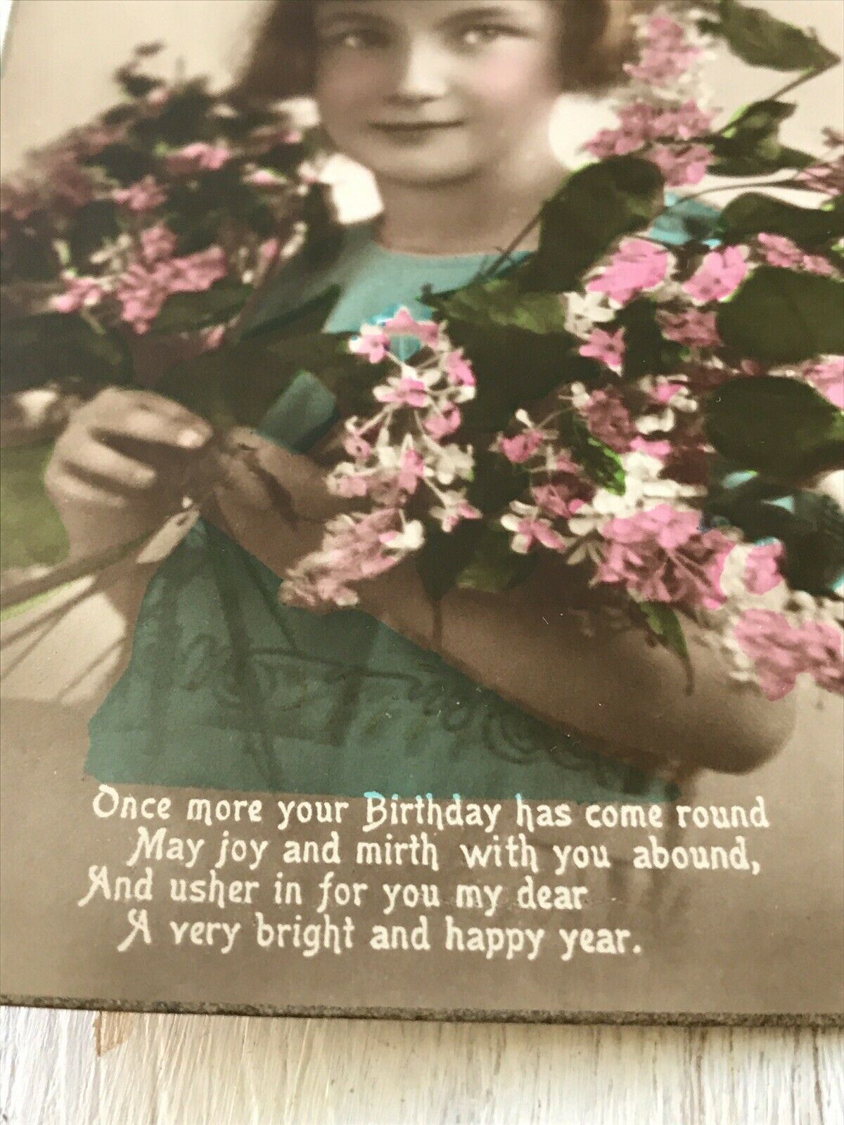 Vintage Birthday Greetings Postcard Card Girl With Flowers Poem Tinted Picture