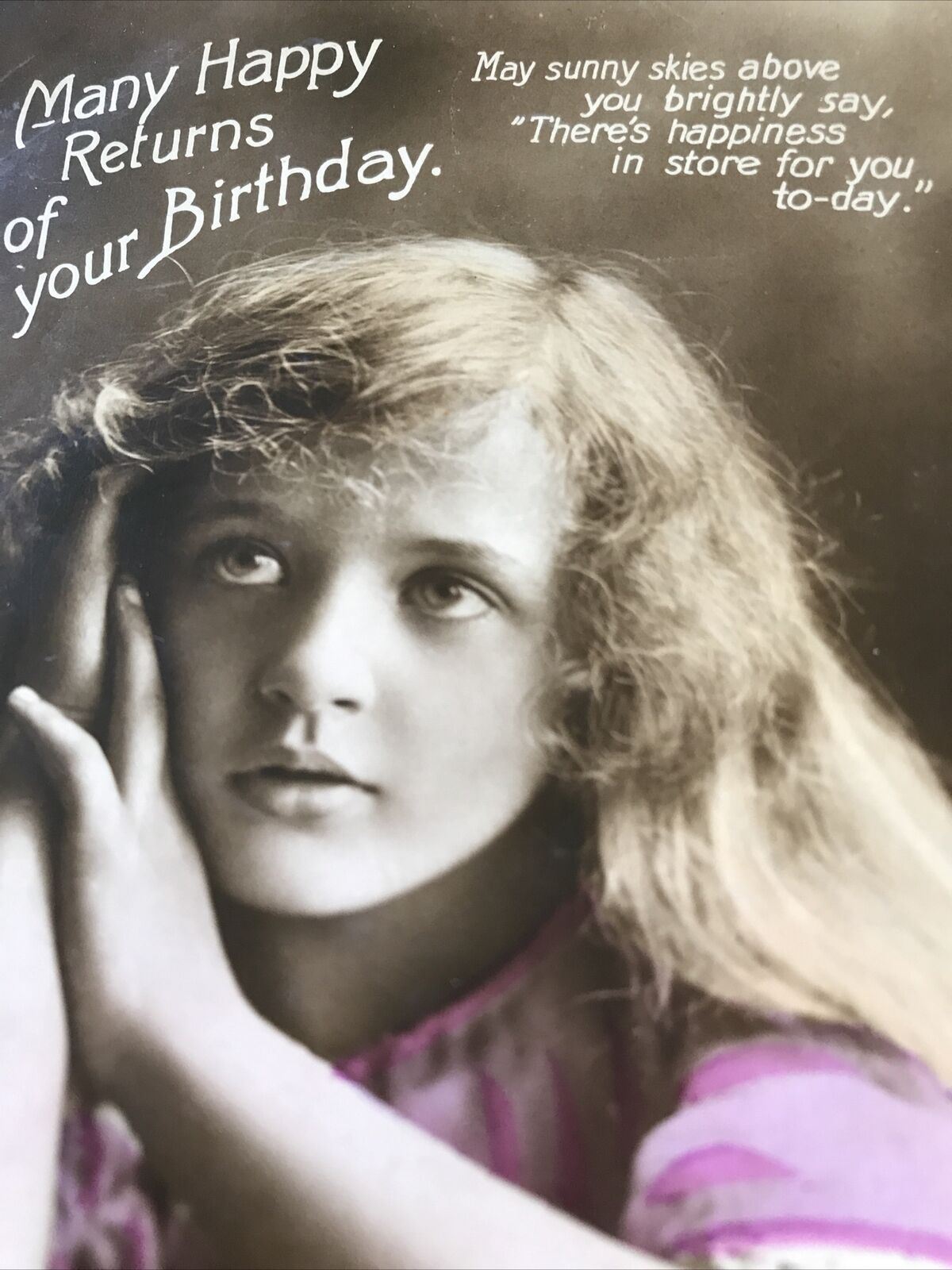 Vintage Birthday Greetings Postcard Card Girl Looking Wistful Poem Real Photo