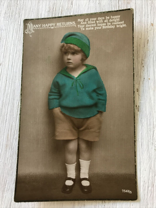 Vintage Birthday Greetings Postcard Card Boy In Matching Sweater & Hat 1924