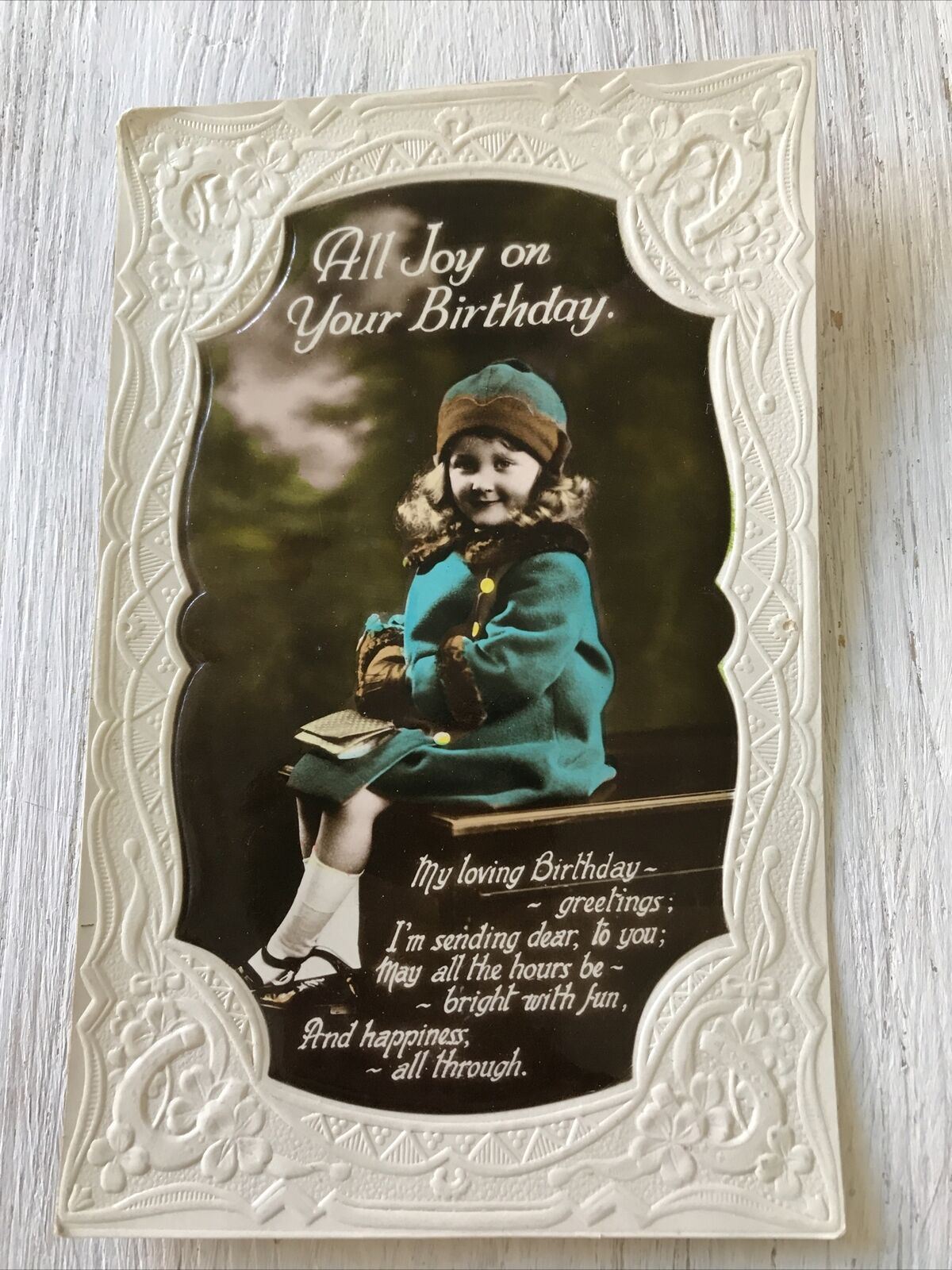 Vintage Birthday Greetings Postcard Card Girl In Matching Coat & Hat Real Photo