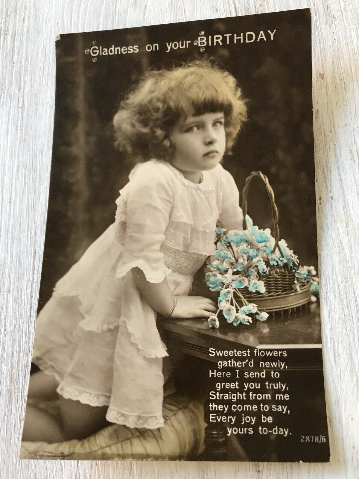 Vintage Birthday Greetings Postcard Card Real Photo Girl With Flowers Grumpy