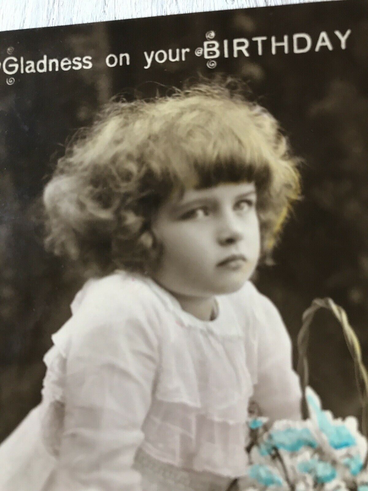 Vintage Birthday Greetings Postcard Card Real Photo Girl With Flowers Grumpy