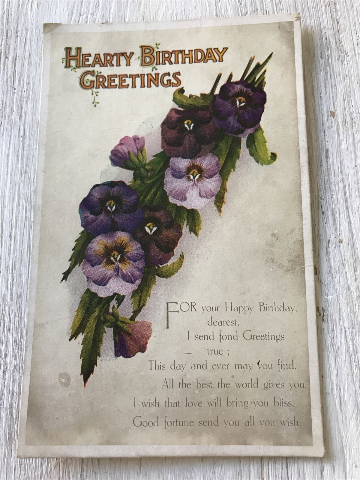 Vintage Birthday Greetings Postcard Card Flowers Pansies Nice Poem Unposted