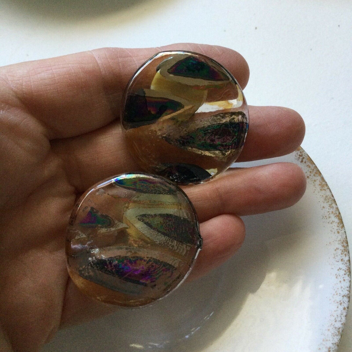 Clip On Earrings Large Statement Painted Glass Unusual Iridescent Vintage Bold