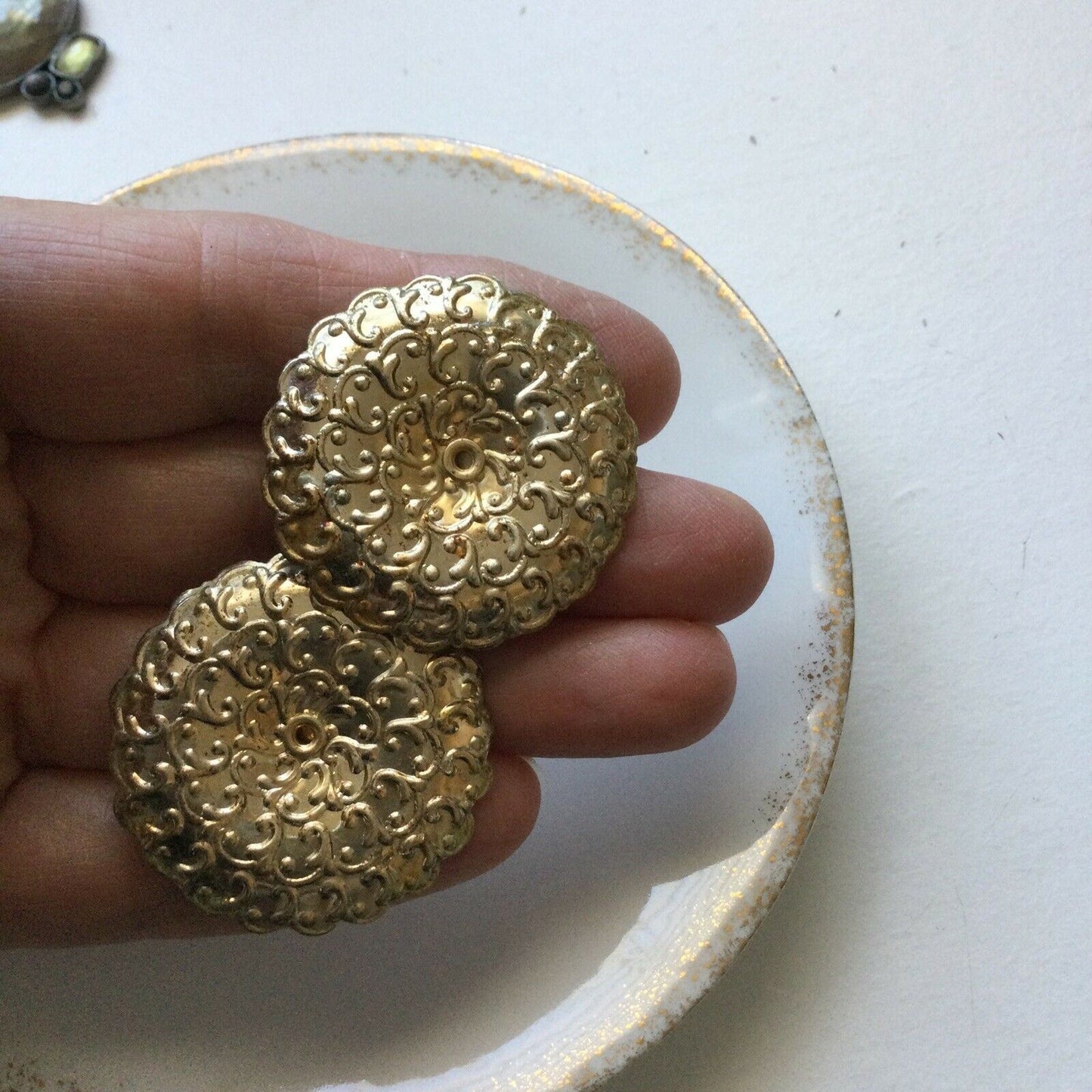 Clip On Earrings Large Statement Round Gold Colour Pressed Metal Boho Festival