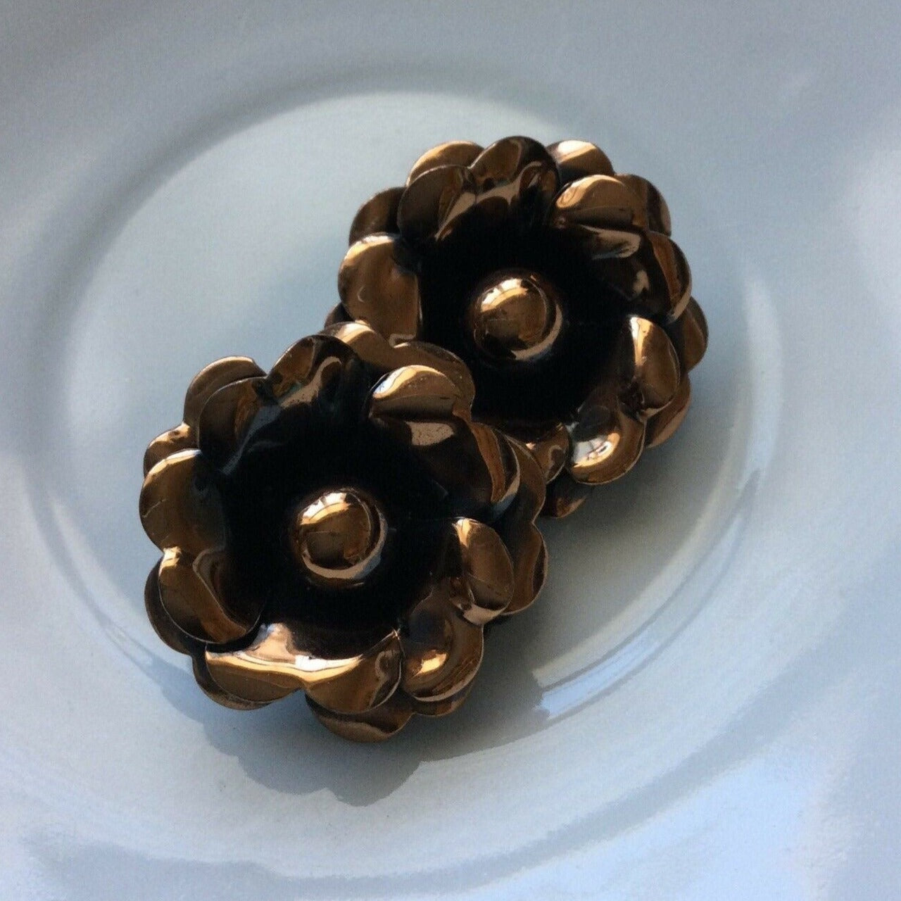 Clip On Earrings Large Studs. Copper Colour Flowers. Statement. Summery. Metal