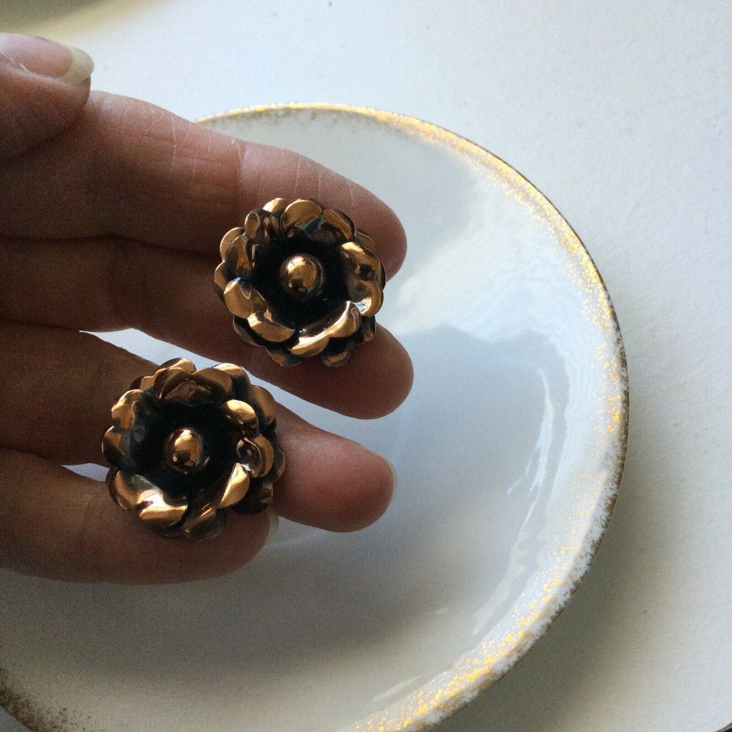 Clip On Earrings Large Studs. Copper Colour Flowers. Statement. Summery. Metal