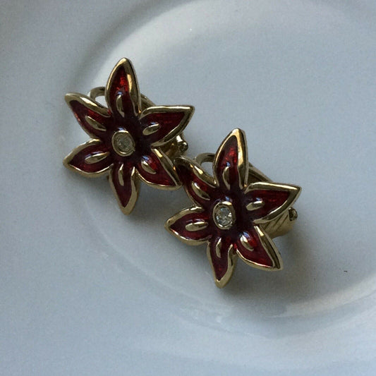 Clip On Earrings Studs. Flower / Star Shape. Gold Tone Red Enamel Diamanté Centr