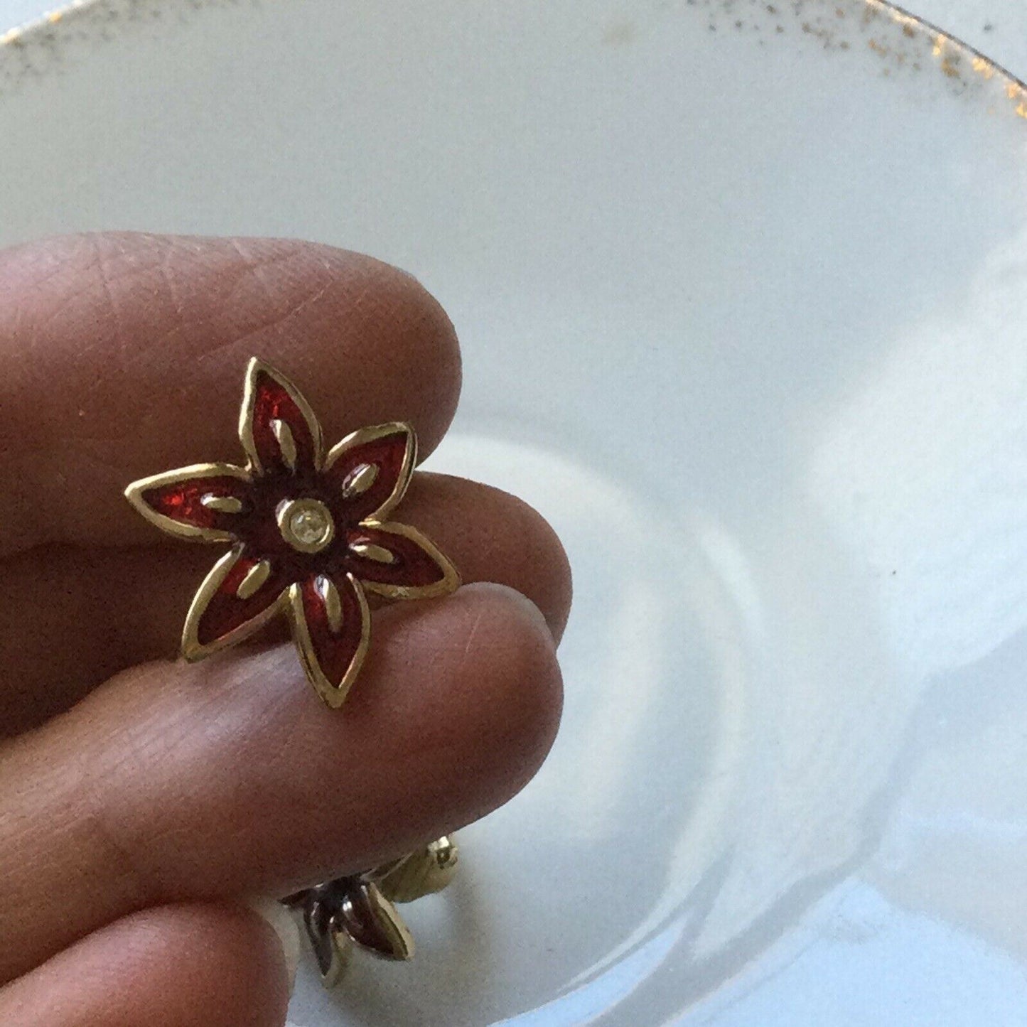 Clip On Earrings Studs. Flower / Star Shape. Gold Tone Red Enamel Diamanté Centr