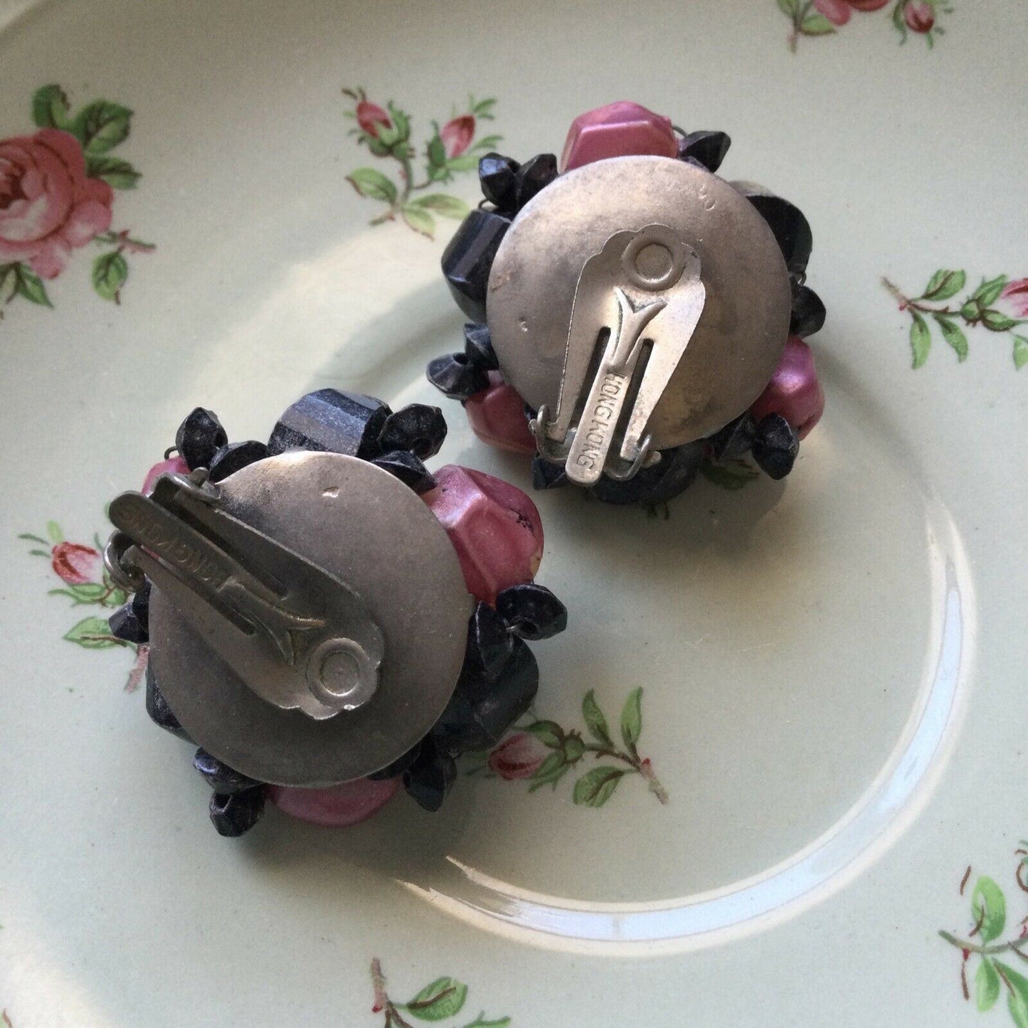 Costume Earrings Clip On Beaded Cluster Black And Pink. Large Statement