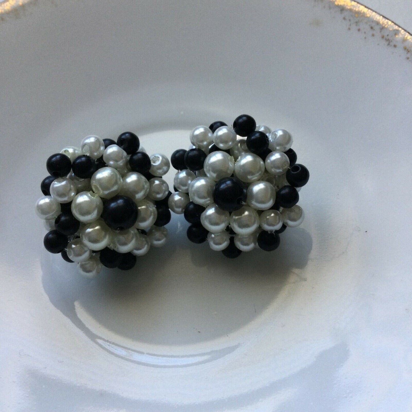 Costume Earrings Clip On Beaded Cluster Black & White Faux Pearls. 1960s? Retro