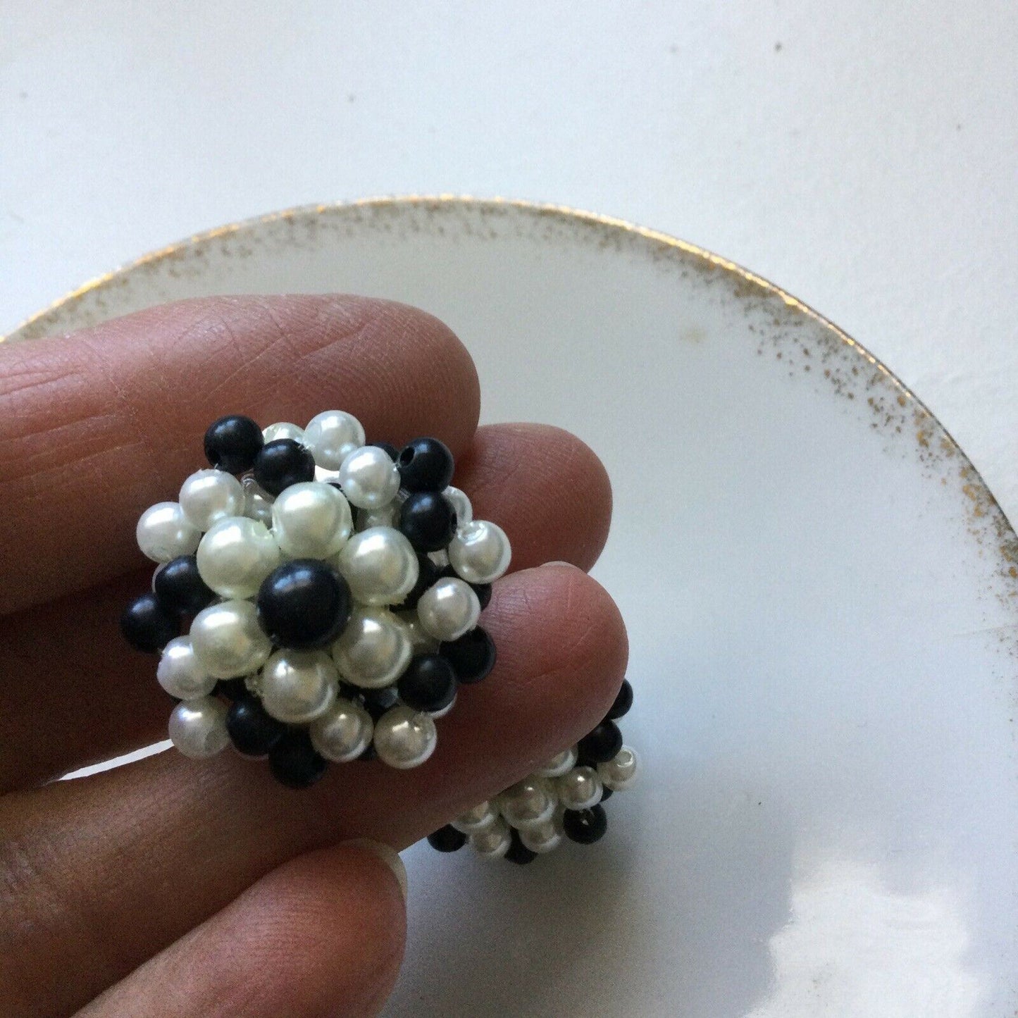 Costume Earrings Clip On Beaded Cluster Black & White Faux Pearls. 1960s? Retro