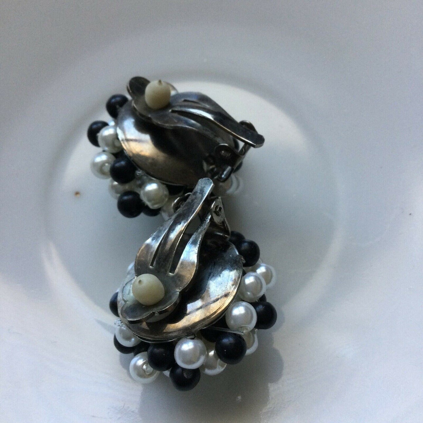 Costume Earrings Clip On Beaded Cluster Black & White Faux Pearls. 1960s? Retro