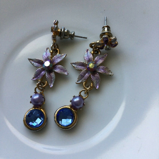 Pretty Gold Tone Drop Earrings. With Pale Blues And Pinks. Flower, Glass Stone