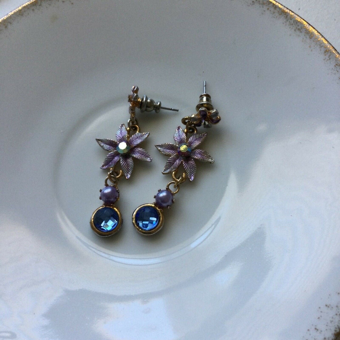 Pretty Gold Tone Drop Earrings. With Pale Blues And Pinks. Flower, Glass Stone