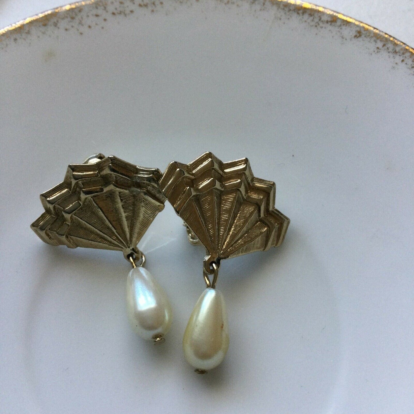 UnusualGold Tone Clip On Earrings. Gold Coloured Fan Shape, With Faux Pearl Drop