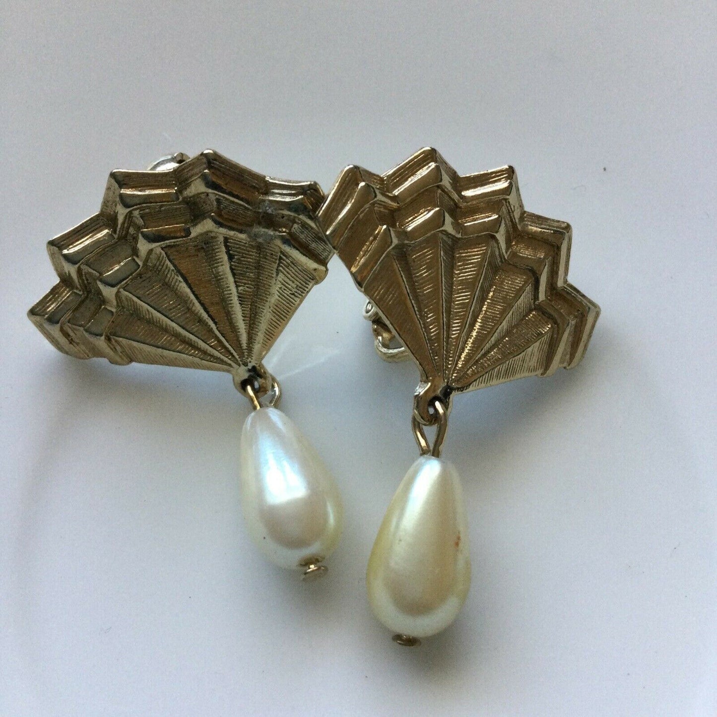 UnusualGold Tone Clip On Earrings. Gold Coloured Fan Shape, With Faux Pearl Drop