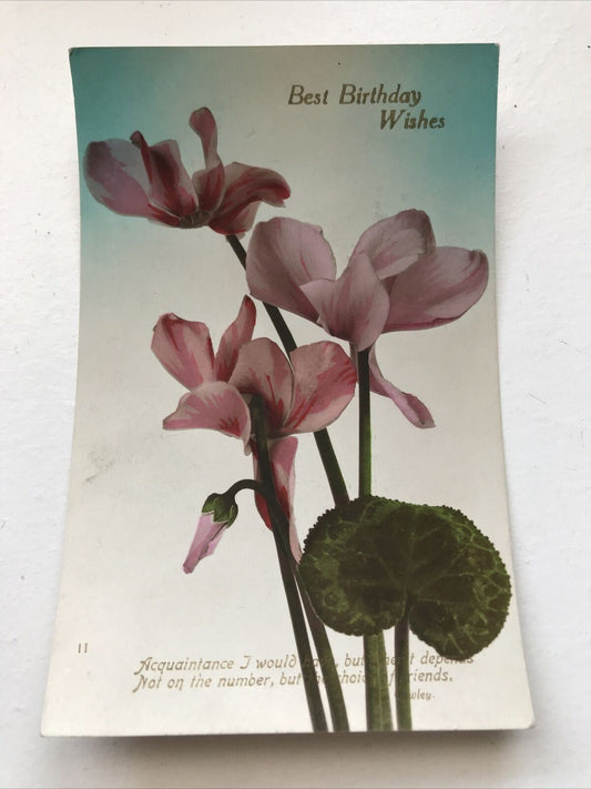 Vintage Postcard Birthday Greetings Cyclamen Pink Flowers Nice Poem Pretty