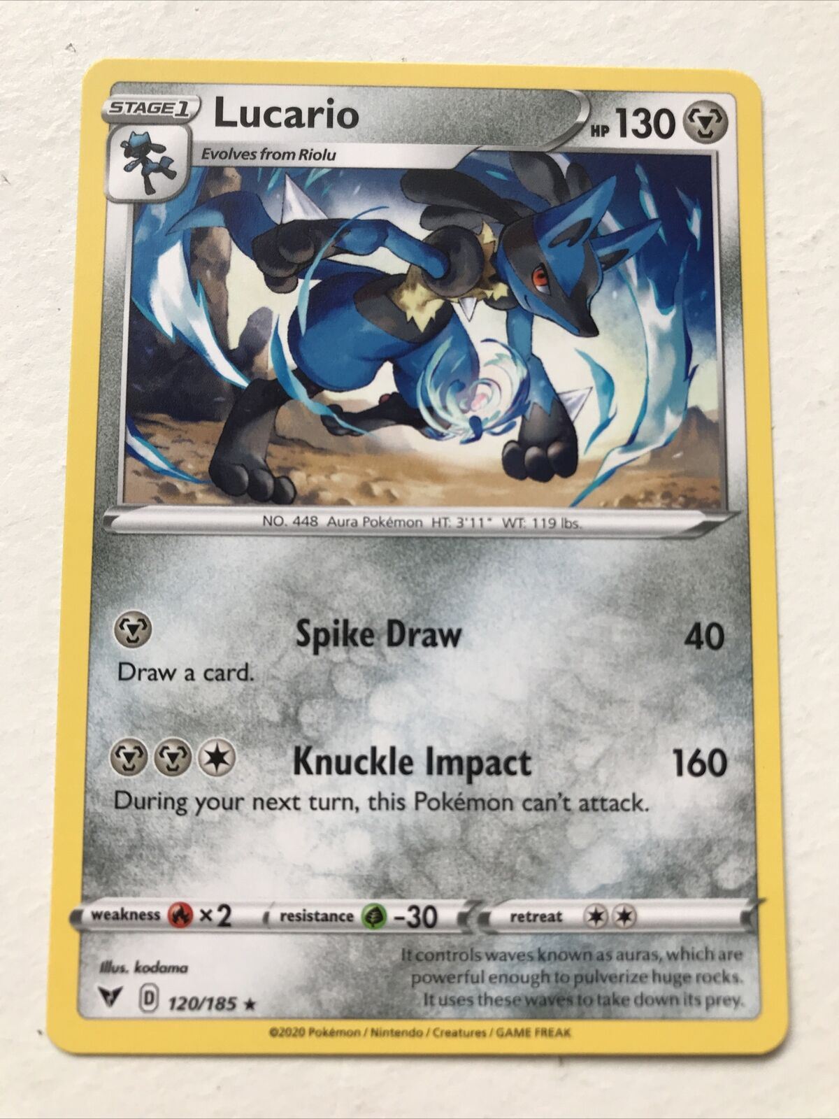 Pokemon  Card Vivid Voltage 2020 Pack Fresh Stage 1 LUCARIO 120/185 Aura RARE