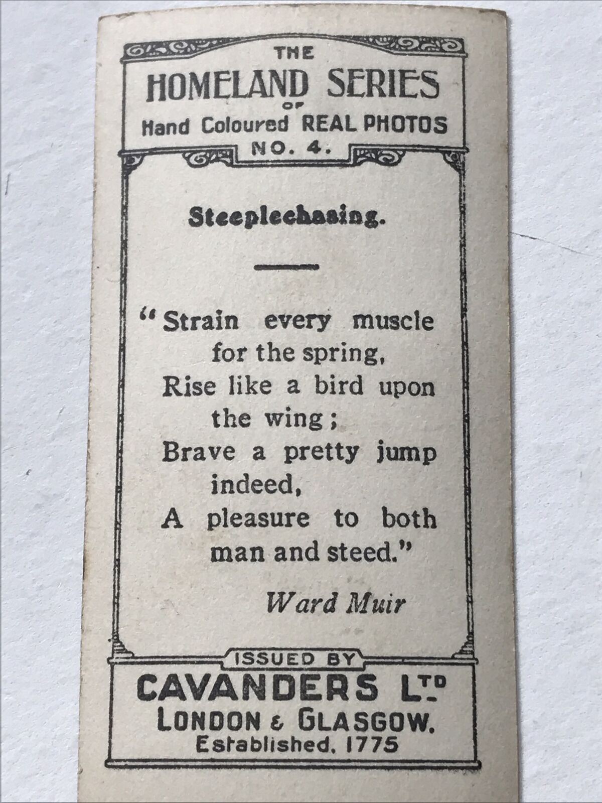 STEEPLECHASING Ward Muir Poem Photo Cigarette Card Cavanders Homeland Series