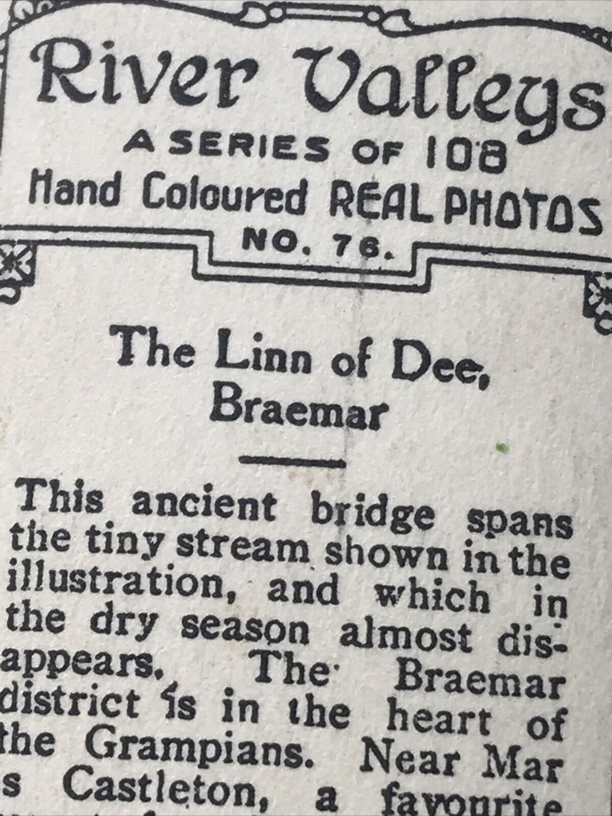 THE LINN OF DEE, Braemar Bridge Antique Photo On Cigarette Card. 1926 Cavanders River Valleys